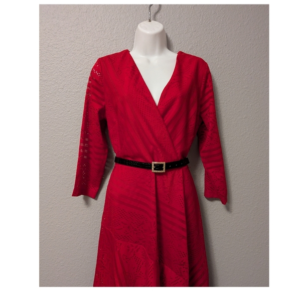 Danny & Nicole Ruby Red 3/4 Sleeve Dress Striped Floral Lace Midi Sz. 10 - Picture 9 of 16